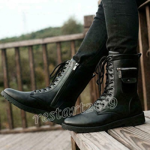 Mens Lace up Punk Military Boots Combat Knight Mid Calf Shoes Zipper Pocket 2021 - Picture 8 of 14