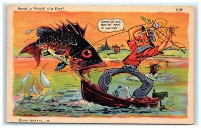 POSTCARD Havin a Whale of a Time Fisherman Fish Boat 1946 C-98
