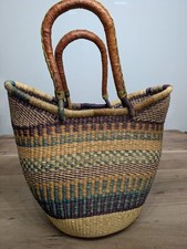 Vintage Hand Woven Basket Tote Purse Decor Leather Handles Interesting Shape