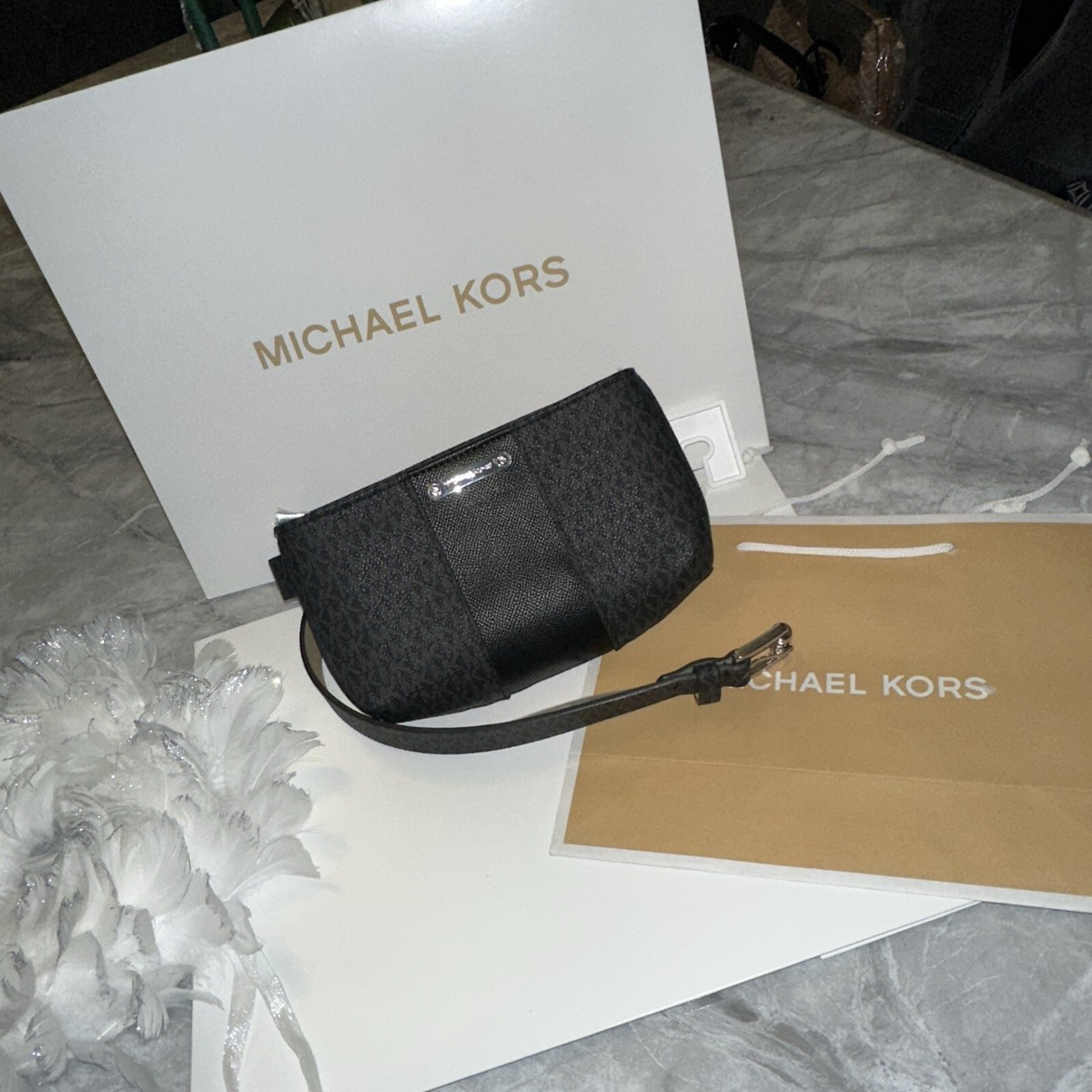 Michael Kors Women Signature Black Belt Bag Size Medium Authentic