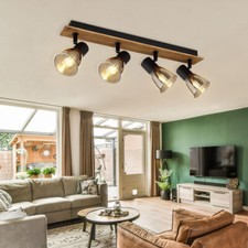 Lampe Spot Luminaire de Salon Plafonnier Pivotant E14 Noir Bois Verre Fumé