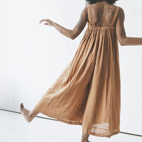 Women Loose Sleeveless Summer Playsuits Wide Leg Pants Cotton Linen Jumpsuits - Picture 8 of 22