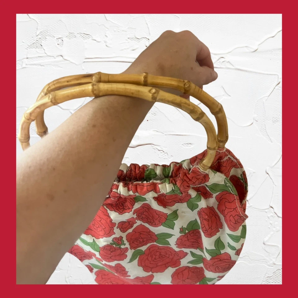 Bolso de mano boho vintage rojo floral con asas de bambú Foto 4 de 4