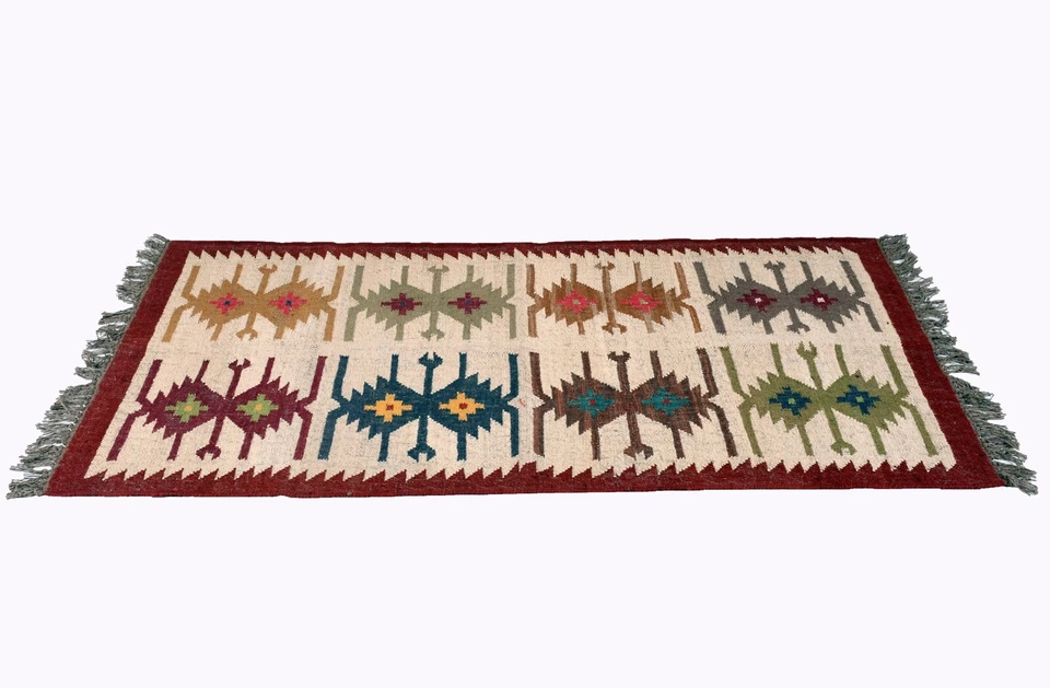 Wool Jute Reversible Rug Handwoven Kilim Area Floor Carpets 3x5 ft Kicthen Runne - Image 4 of 4