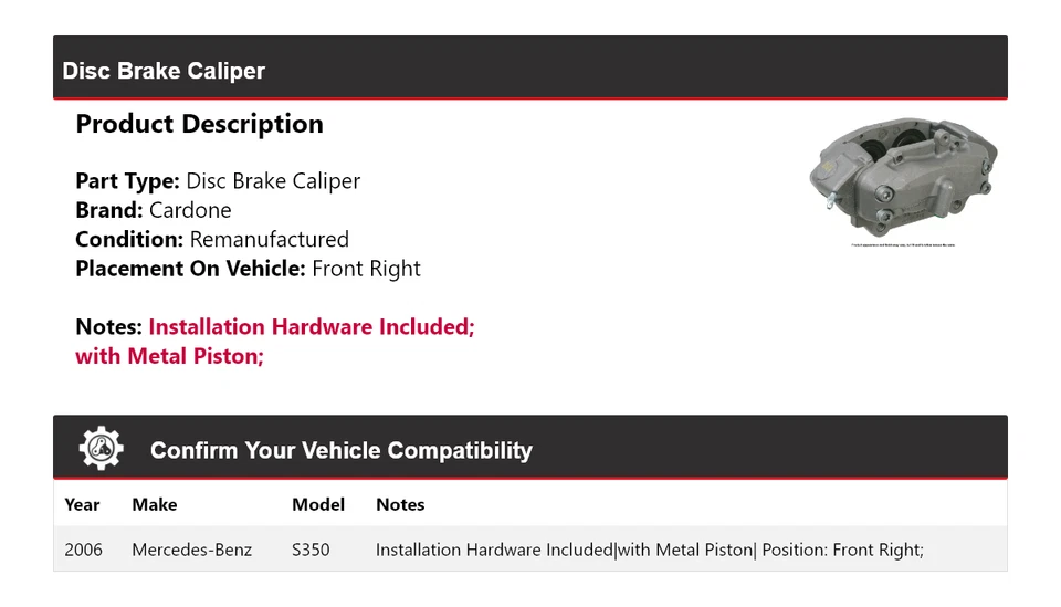 适用于 2006 梅赛德斯-奔驰 S350 盘式制动卡钳右前 Cardone — 第 2/4 张图片
