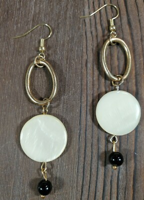 Vintage upcycled earrings shell bead gold tone hook pierced one of a kind 3'' 