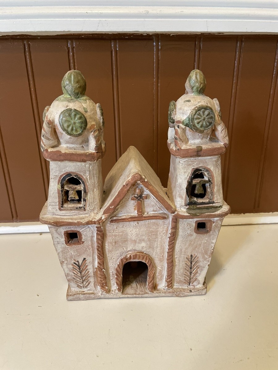 工芸品 Peru pottery church Vintage hand-painted clay pottery Peru church w/ figures