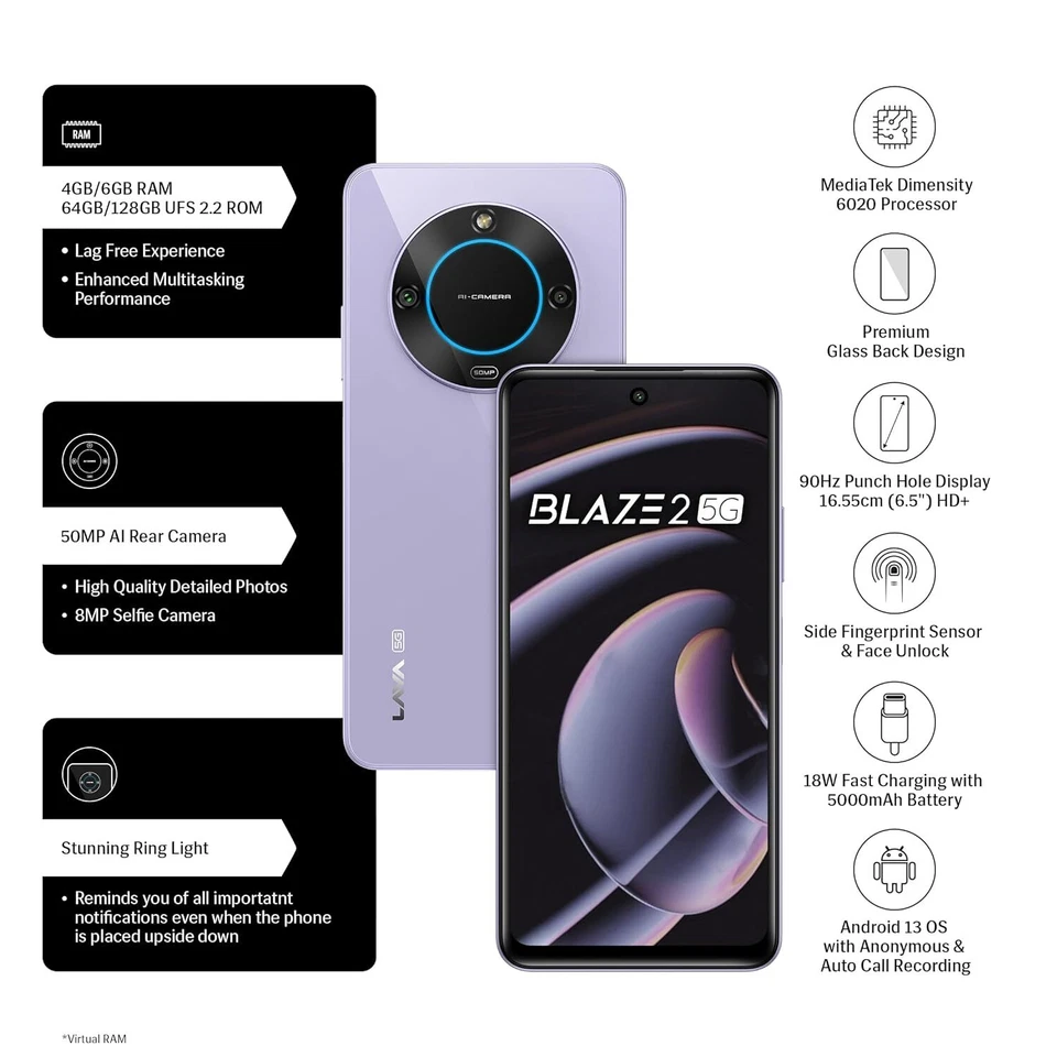 Lava Blaze 2 5G (Glass Lavender, 6GB RAM, 128GB Storage)| Stunning Ring Lig - Image 2 of 4