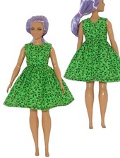 Dress handmade for Curvy Fashion Doll Clothes dark Green Holly Cotton