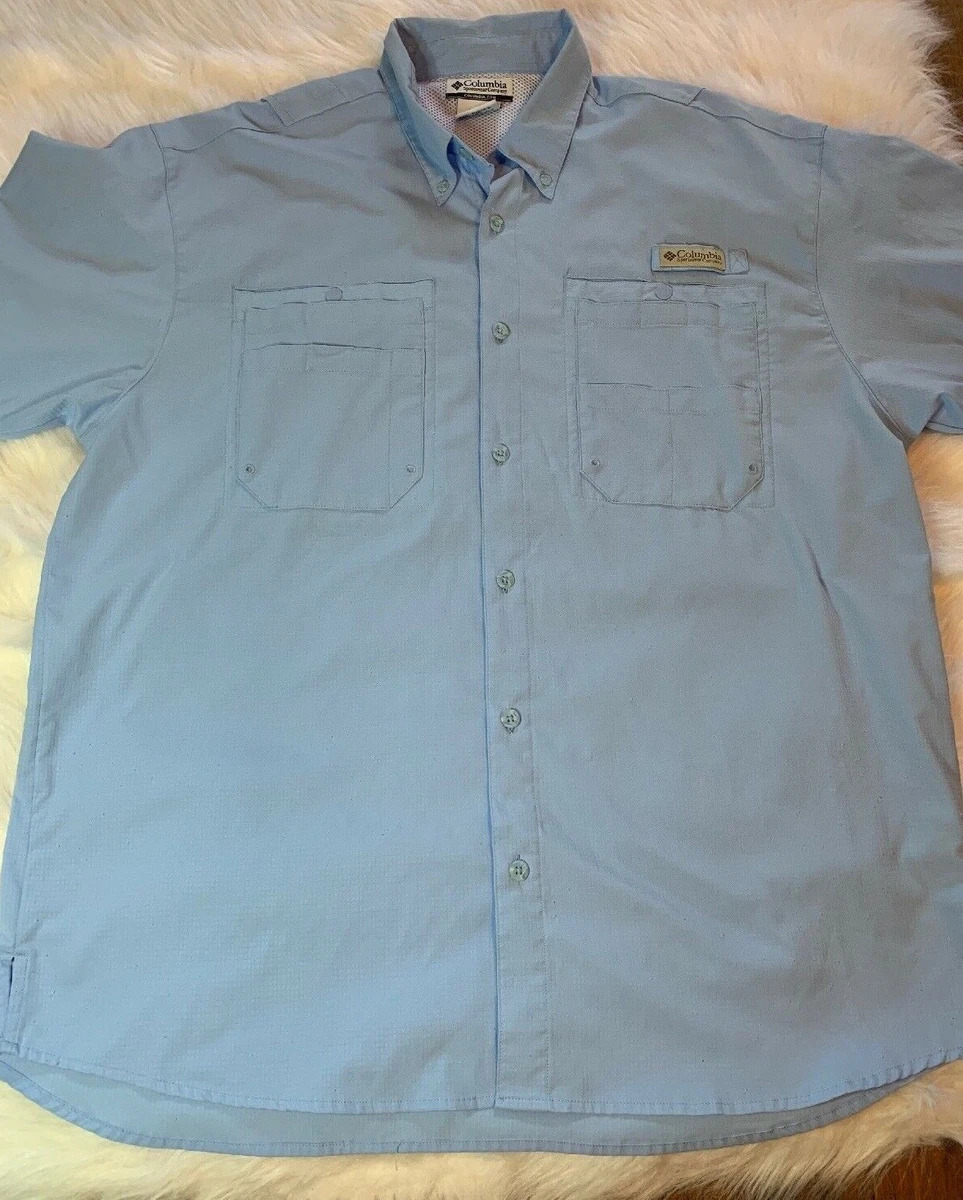 Columbia PFG Men Vented Baby Blue Fishing Shirt Short Sleeve Button Down Sz L