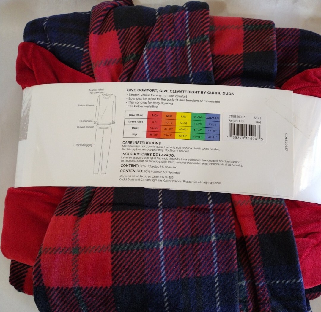 Climate Right Cuddl Duds Crew Neck Legging Red Plaid Stretch Velour