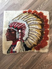 BEAUTIFUL VINTAGE 'INDIAN CHIEF ' LATCH HOOK COMPLETED WALL DECOR 34 IN Wide