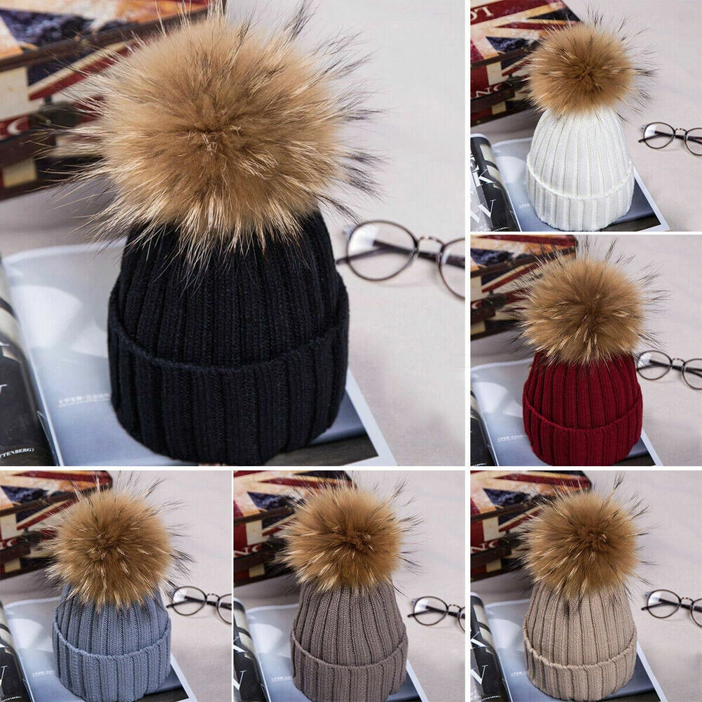 Hot Women Winter Racoon Fur Pom Pom 15cm Ball Knit Beanie Ski Cap Bobble Hat