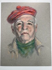 Pastel Drawing Portrait Of Women In Red Hat Unsigned Fine Art Sketch 15x12”