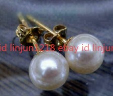 PERFECT 7-8MM AAA Real WHITE PEARL STUD EARRINGS 14K GOLD