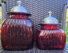 2 Vintage "Artland" Painted Red Ribbed Glass Kitchen Canister Jars — photo 5