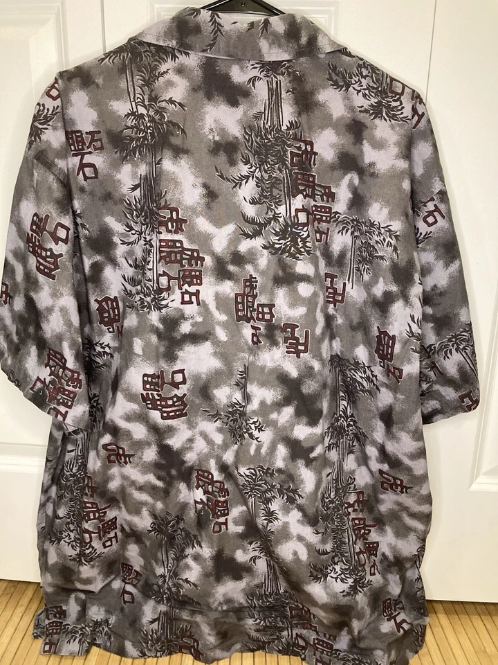 Camisa Hawaiana Vintage Y2K Arizona Jean Co Gris Estampado Kanji XL Para Hombres Manga Corta Foto 3 de 4