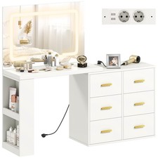 Produktbild - Schminktisch mit LED-Leuchte, 3 Lichtfarben, Spiegel, Steckdose Weiß Refurbished