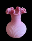 Fenton Pink Satin Glass Vase – Ruffled Rim – Leaf Mold – 8” x 5” – Vintage