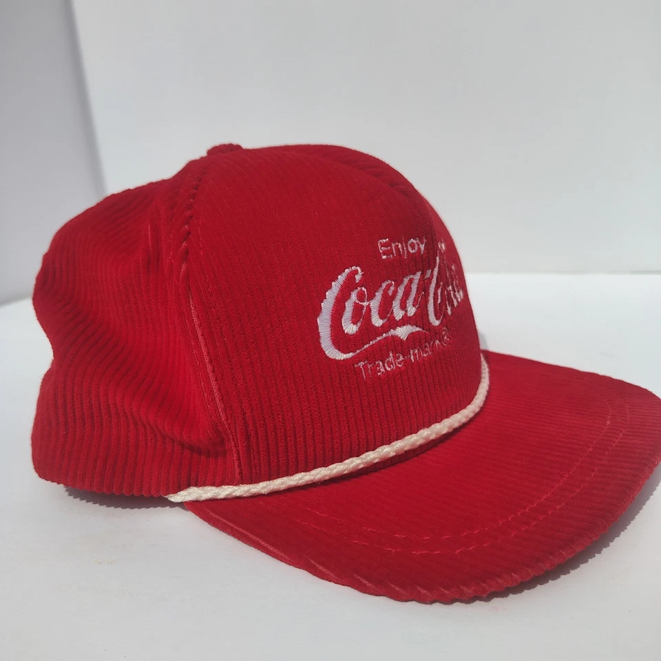 Made In Usa Vintage 80s Coca Cola Corduroy Rope Hat Snapback Red Coke - Image 2 of 4