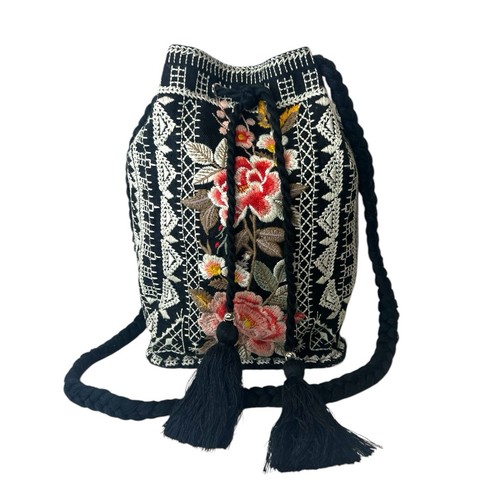 Johnny Was Los Angeles schwarz Leinen bestickt Blumen Kordelzug Eimer Handtasche - Bild 2 von 21