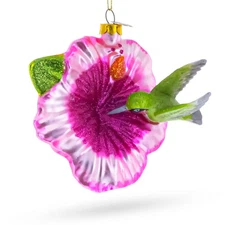 Hummingbird with Pink Hibiscus Blown Glass Ornament