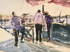 ORIGINAL watercolour painting gondaliers venice youtube 42cm x30cm Marilyn Allis