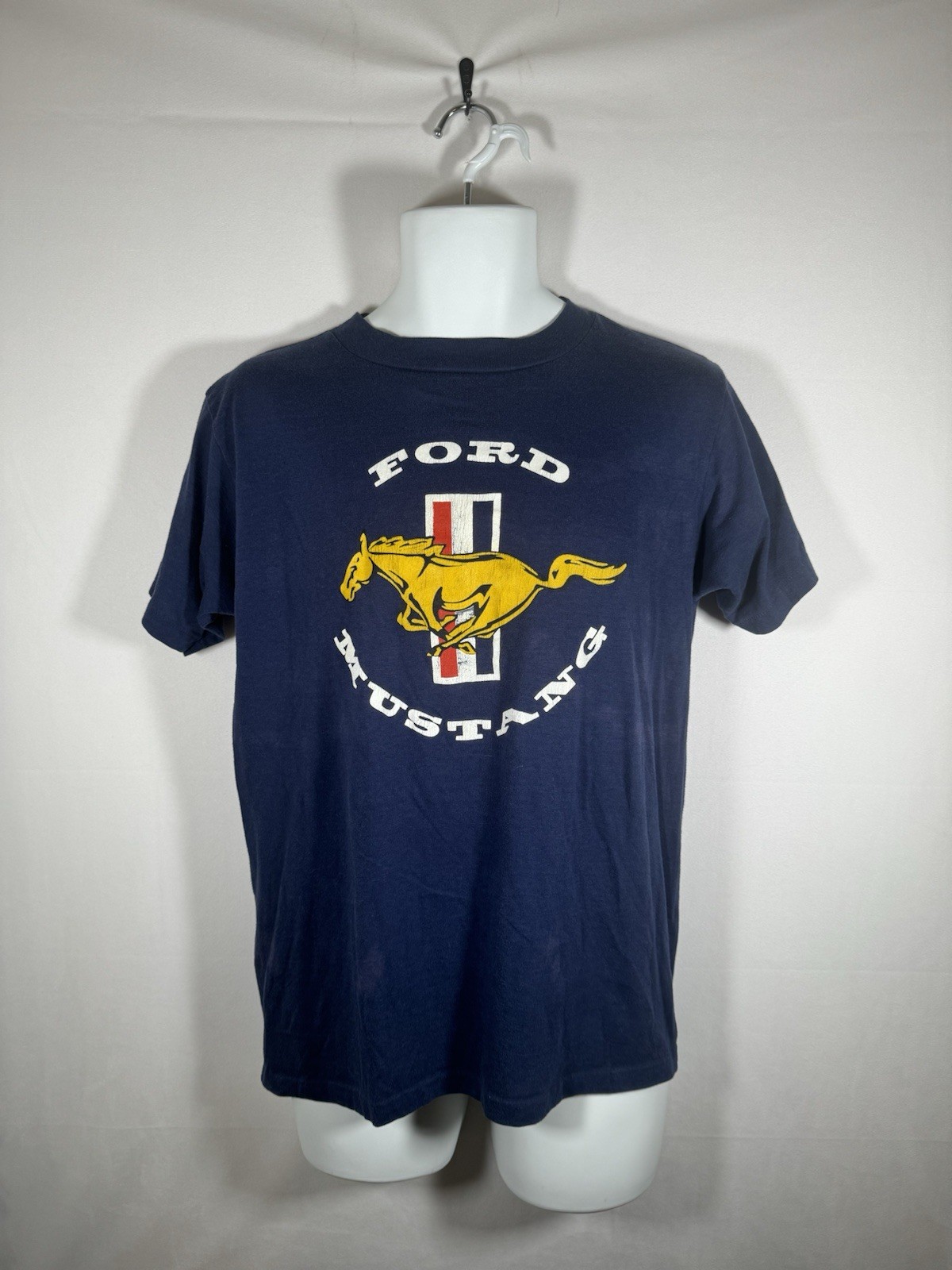 T shirt vintage anni 90 punto singolo Ford Mustang Pony logo blu USA uomo taglia large