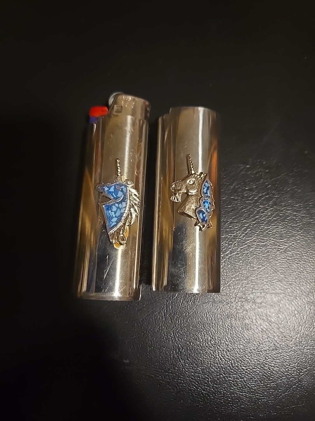 Vtg Lighter Case UNICORN Turquoise Country Western Cover Holder For Bic Lot Of 2