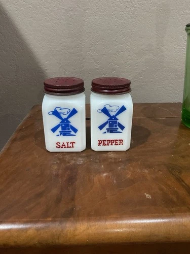 Hazel Atlas Dutch Windmill Red Lids Vintage SALT & PEPPER Milk Glass Shakers