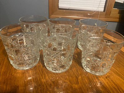 6 Vtg CRISTAL D'ARQUES-DURAND Damier  Whiskey, Scotch Glasses 3 1/2 MCM Bar Ware