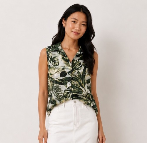 H&M, H&M Floral Sleeveless Button-Up Top Collared Size M Office Shell Classic