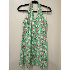 Floral Halter Mini Dress Green Pink White Retro Cowl Back V-Neck Summer Dress