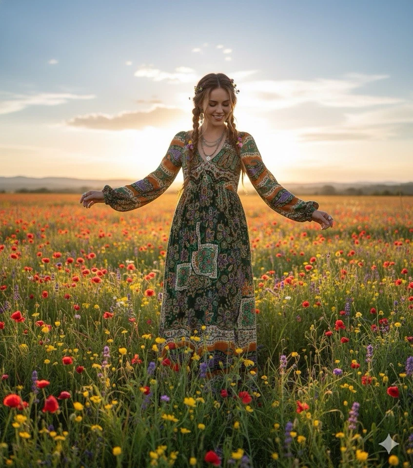 Maxi Vestido Denise L De Colección Años 70 Algodón Cachemira Floral Boho Talla 7/8 Manga Abullonada Foto 2 de 4