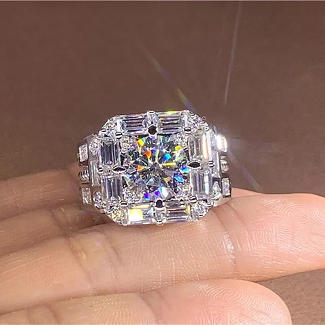 Cluster Engagement Ring 14K White Gold Plated 4Ct Round Real Moissanite Men's-image