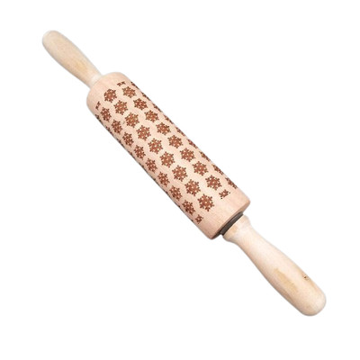 Christmas Wooden Rolling Pin with Engraved Snowflakes and Reindeer Patterns
