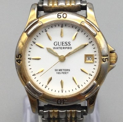 Guess Waterpro Womens Watch 27mm White Dial Two Tone Stretch Band New Battery
