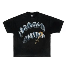 Iced Out Grillz Cross Chain Graphic T-Shirt Hip Hop Streetwear Y2K Urban Fashion