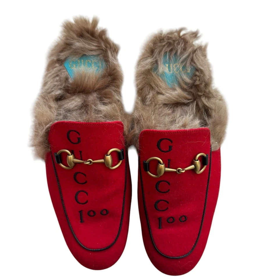 GUCCI Princetwon Horsebit Mule with Fur Gucci 100 Red Size 7 - Image 3 of 4