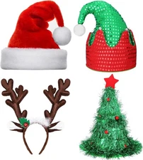 BBTO 4 Pack Christmas Hats and Antler Headband Set Includes Santa Hat Xmas... 