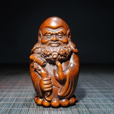 Boxwood Bodhidharma Carving Handheld Statue Wenwan Wood Art Collectible