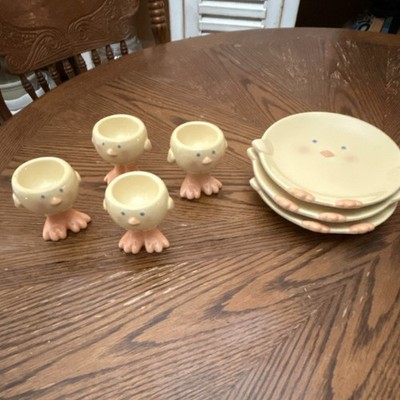 Blossoms & Blooms Ceramic Chick Egg Cup Set, Easter, Yellow Orange, 7-Piece