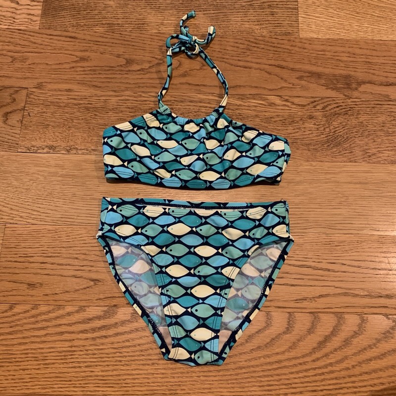 Old Navy Fish Pattern Vtg Y2K 90s Swimsuit Bikini Girls Size 6 Navy Blue Teal