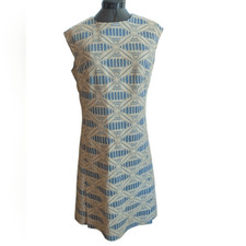60s Vintage MCM Blue White Lace Overlay Geometric Floral Shift Dress Women's 14