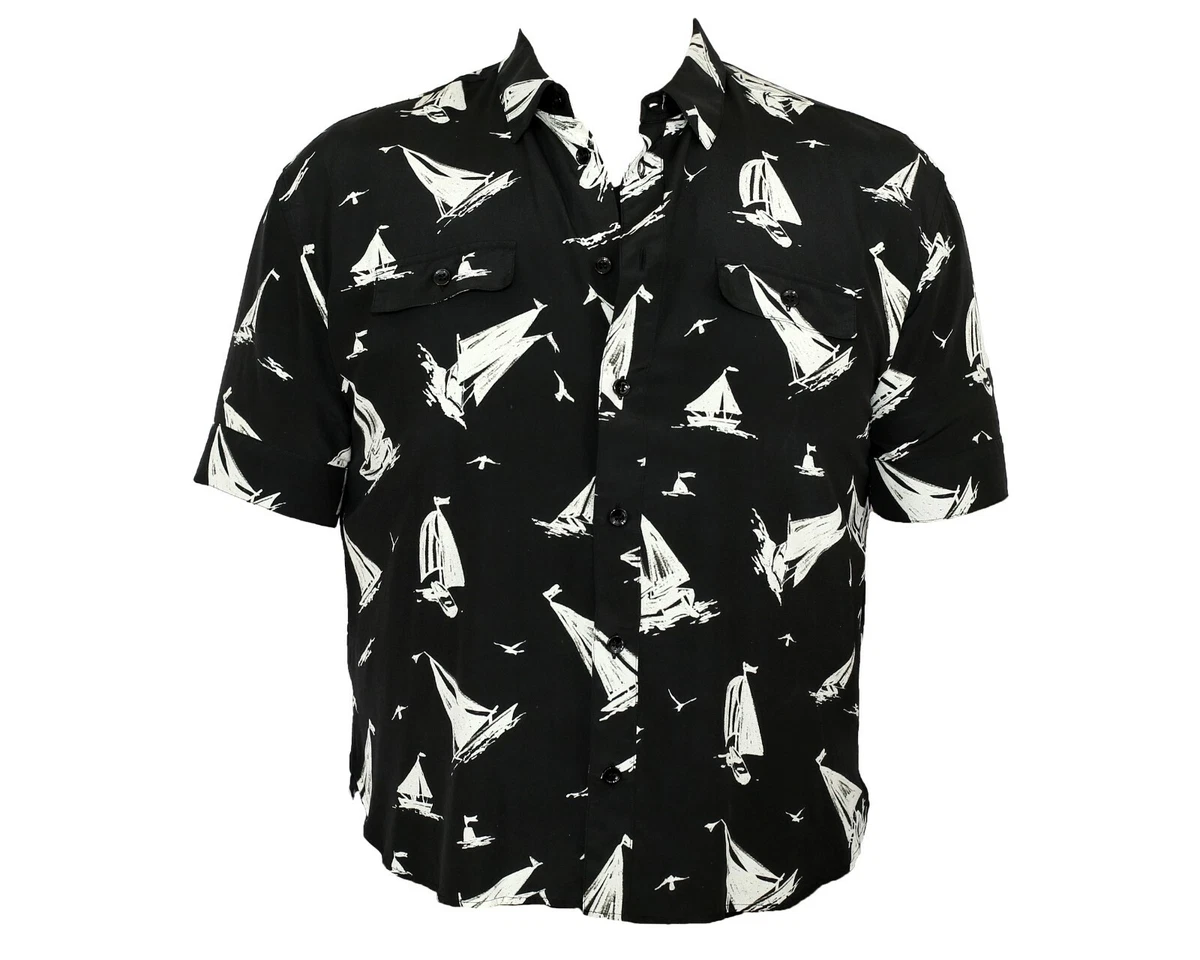 New Mens Saint Laurent YSL Black Silk Sailboat Short Sleeve Shirt Size 41