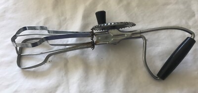 Vintage EKCO Best Egg Beater Hand Held Crank Mixer Stainless Steal Black Handle