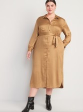 NEW Old Navy Womens Plus XXL Tie Belt Midi Shirt Dress in Acacia