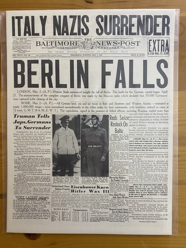 VINTAGE NEWSPAPER HEADLINE ~BERLIN FALLS SURRENDER GERMANY ITALY 1945 WW2