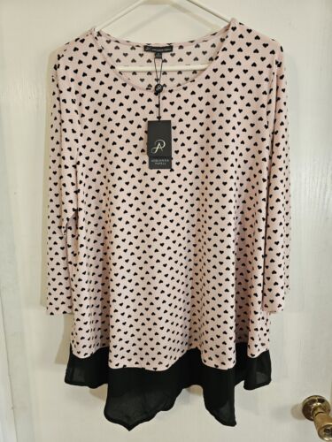 Adrianna Papell Poly Dressy Blouse Top Pink Black Hearts 3/4 Sleeve Size 1 X