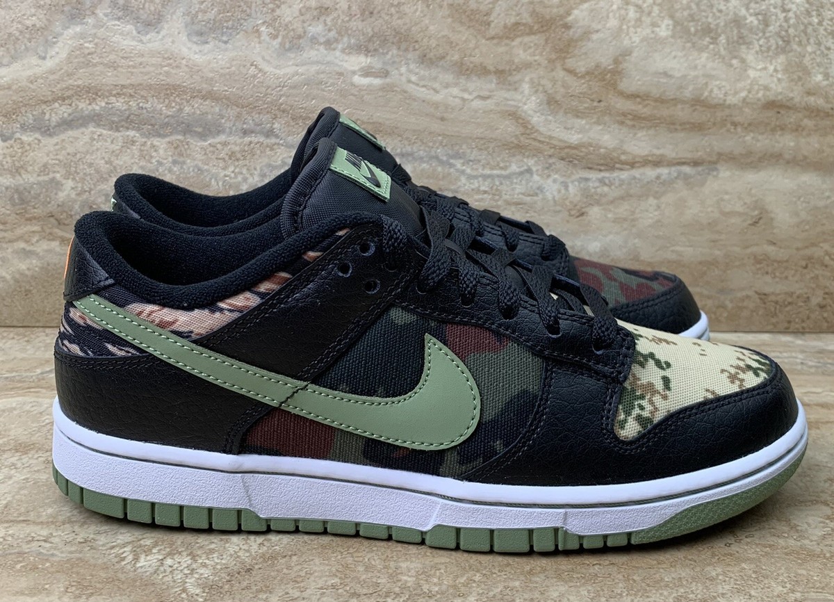 Nike Dunk Low SE Camo Shoes Black Oil Green Total Orange